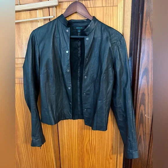Genuine Leather Button Motor Jacket - Black size 2 - Picture 2 of 5